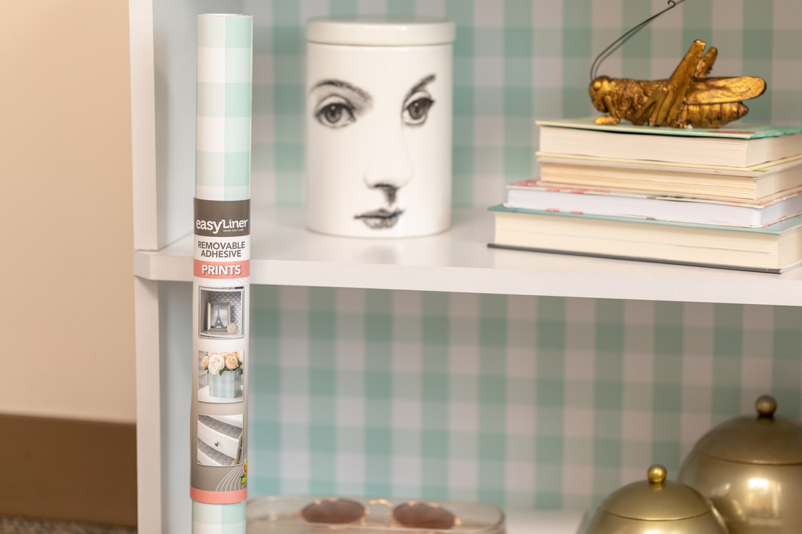 Shelf liner on bookcase