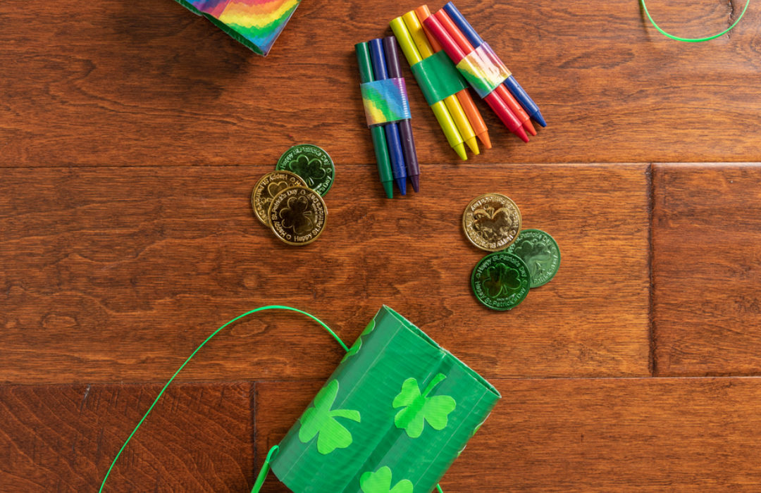 A set of Duck Tape St.Patrick's day binoculars made with colored Duck Tape