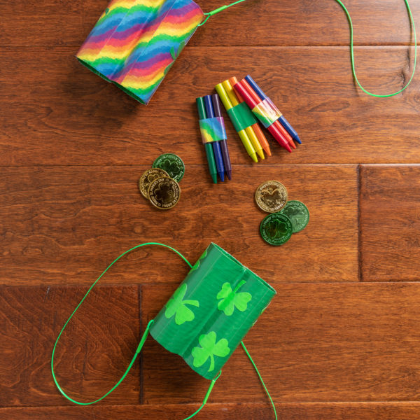A set of Duck Tape St.Patrick's day binoculars made with colored Duck Tape