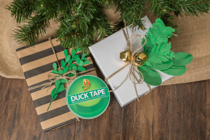 A present decorated with leaves made out of Duck Tape.
