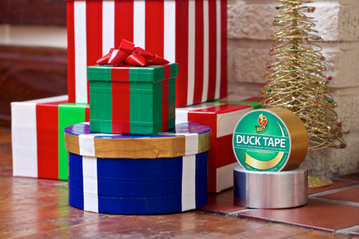 A group of presents wrapped in colored Duck Tape