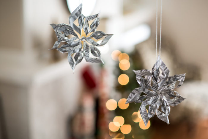 3D snowflake ornament hanging up