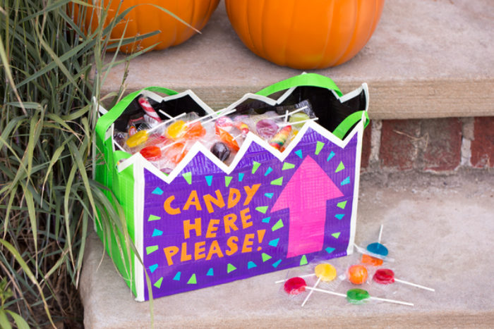 Halloween candy bag decorated with colored Duck Tape.