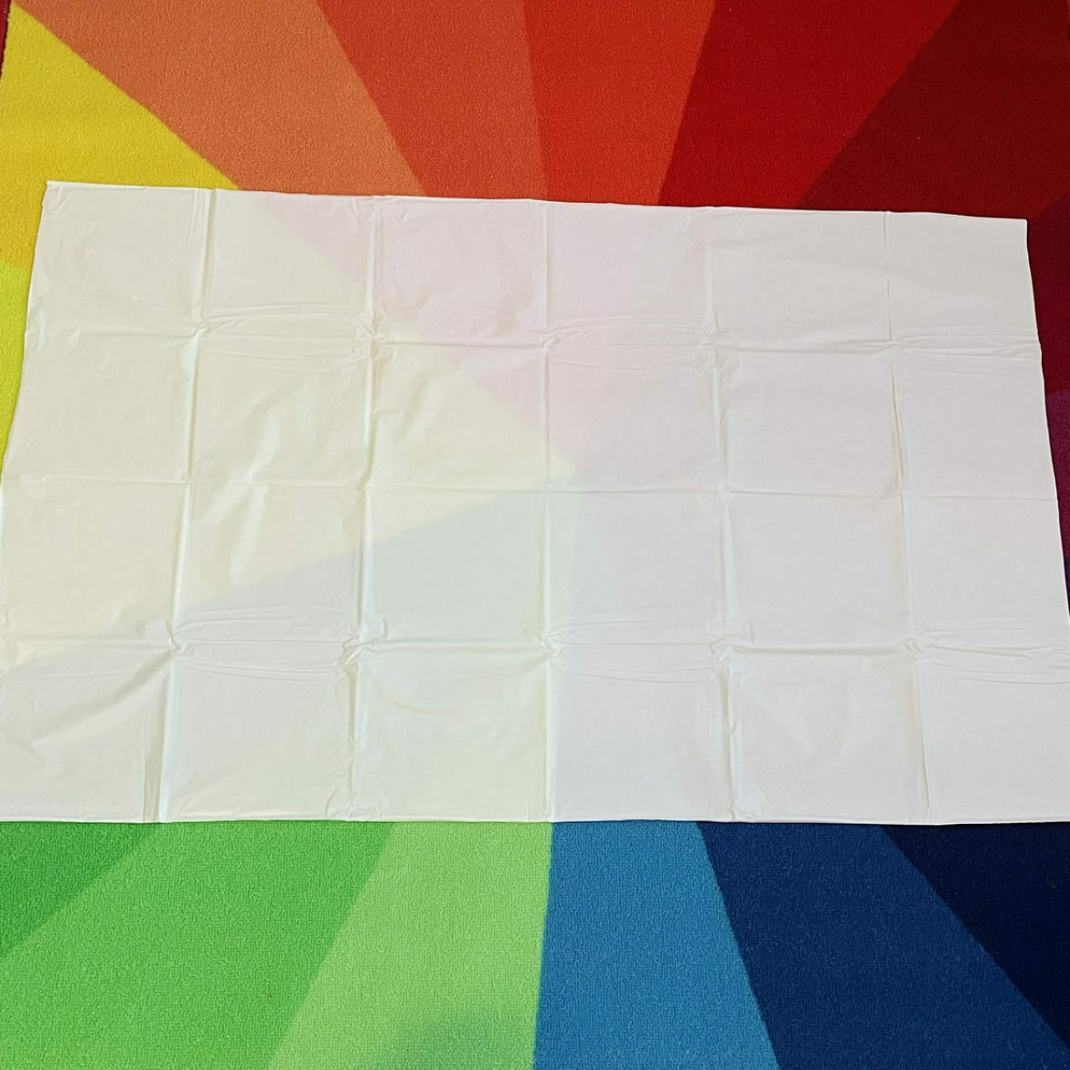 Rectangular white tablecloth on a rainbow background for 10 frame
