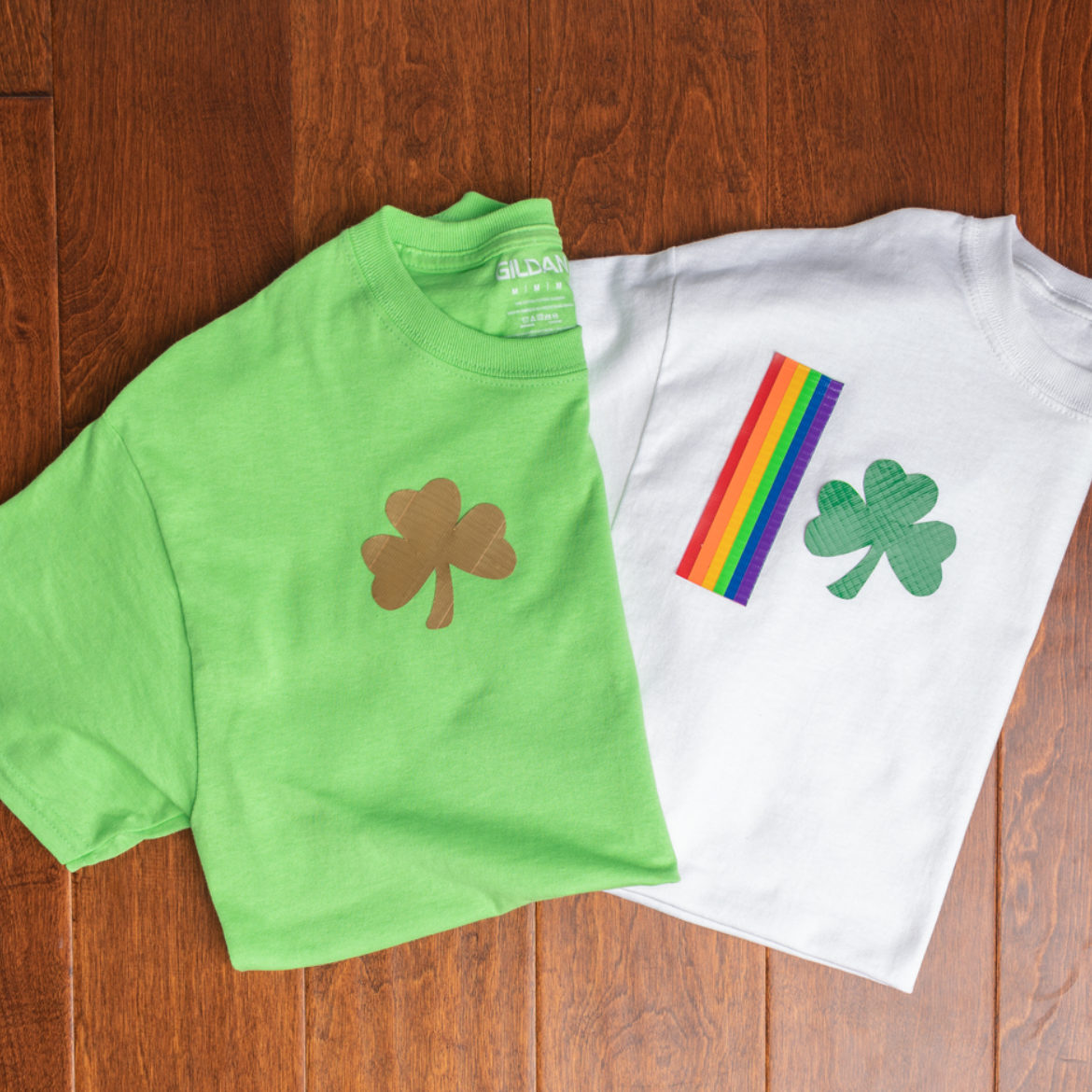 Two completed St. Patrick's Day T-Shirts with Duck Tape®