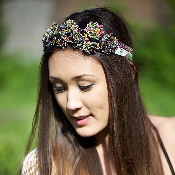 Woman wearing a completed Duck Tape Rose headband
