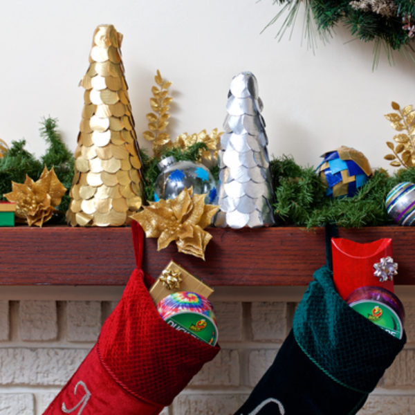Mantle with two stockings filled with Duck Tape rolls