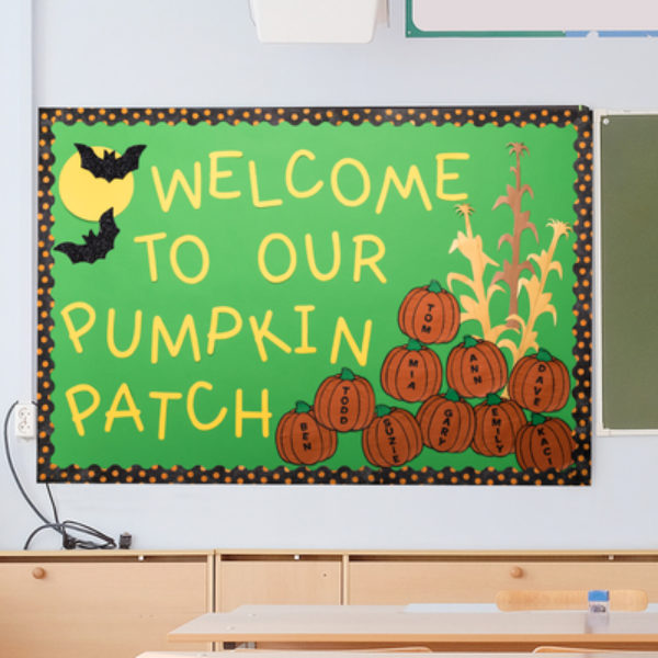 A bulletin board that says Welcome to our pumpkin patch.